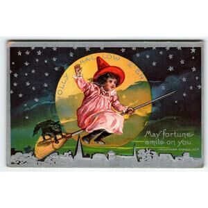 Halloween Postcard Fantasy Witch On Broom Passes Full Moon Silver Black Cat AMP